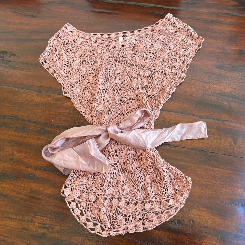 Anthropologie Moth Linen Blend Crochet Tunic Peach with sash at waist Boho Small